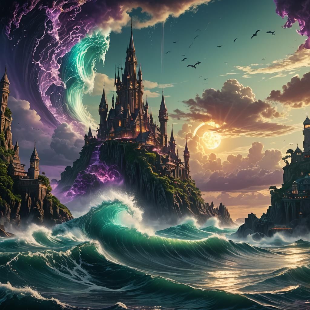 Colossal Wave Crashes on Mystical Island Shore