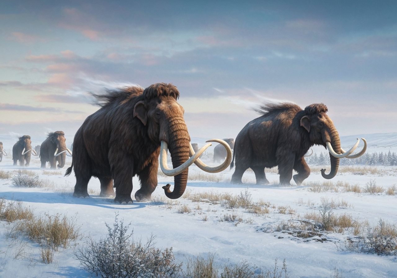 Woolly Mammoths Migrate Across Snowy Steppe: Digital Matte P...