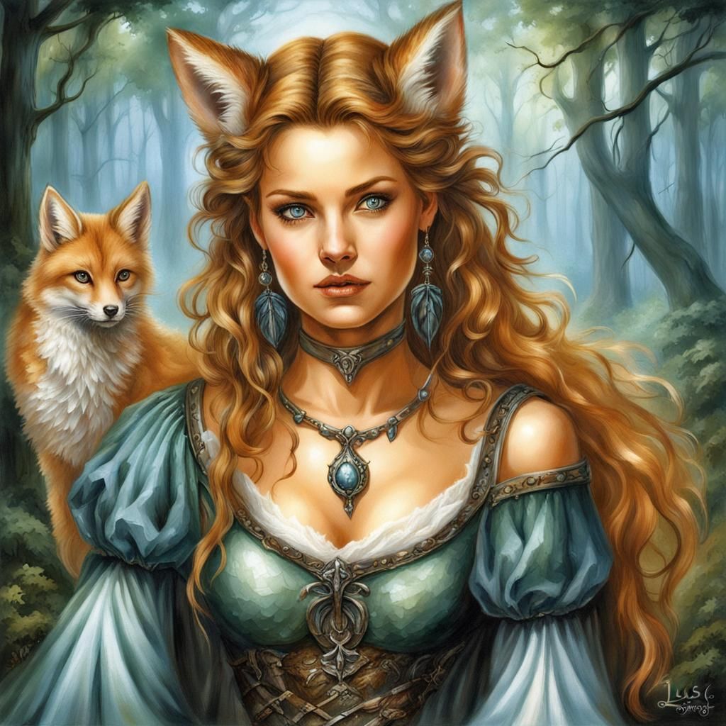 Vixen Woman in Enchanted Forest, Fantasy Art