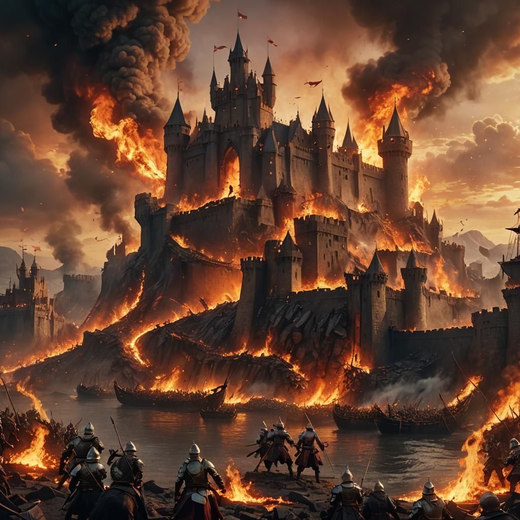 Epic Medieval Battle with Dragons and Burning Castle