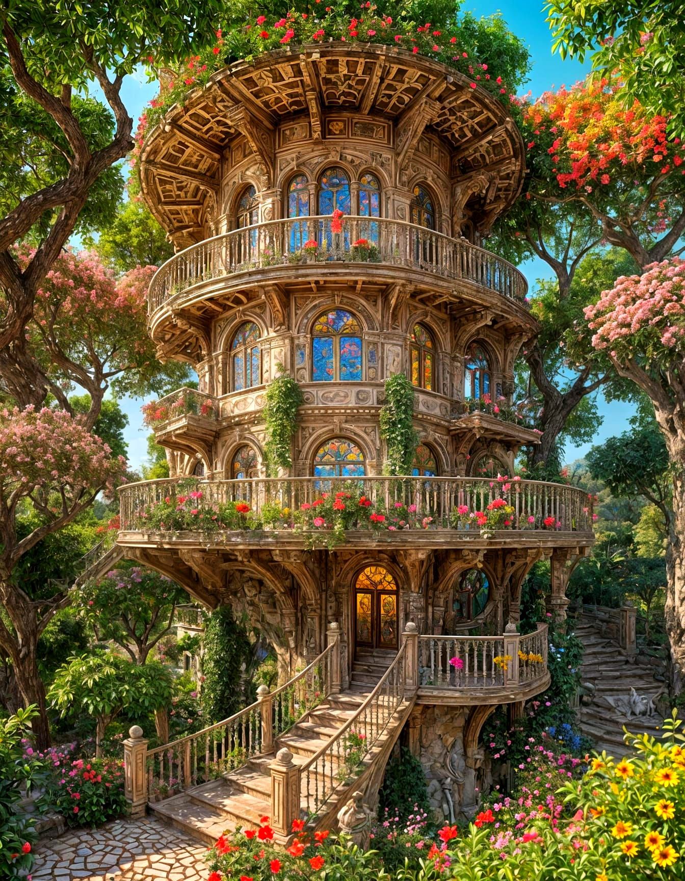 Intricate Roman Villa Treehouse in Stained Glass