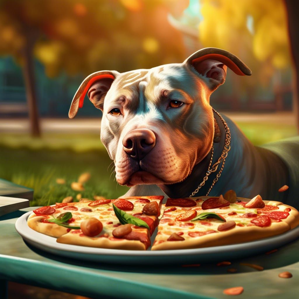 Pitbull Enjoys Pizza in Park: Hyperrealistic Splash Art