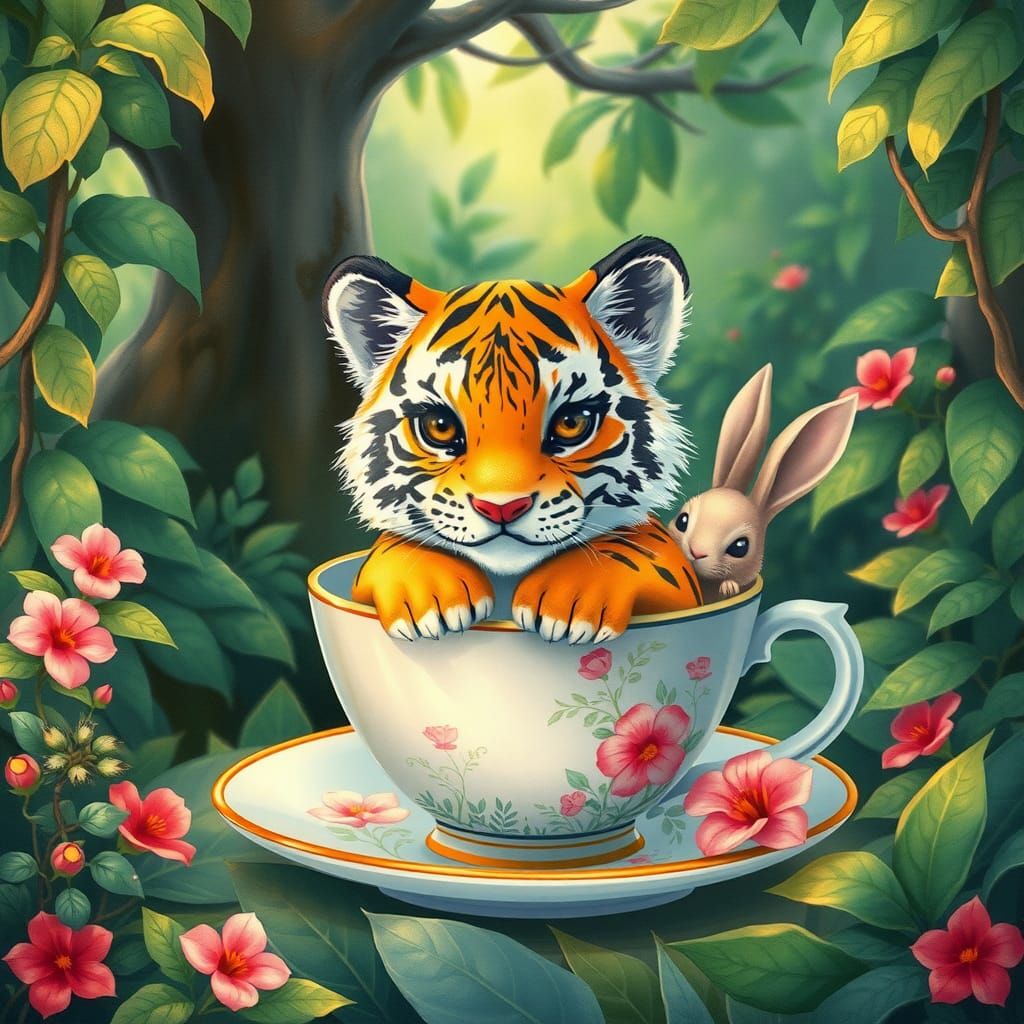 Watercolor Tiger Cub in Teacup, Jungle Scene