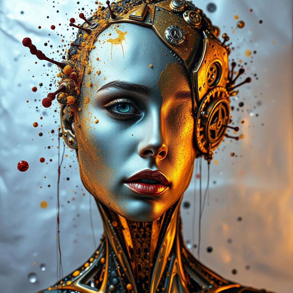 Colorful Ink Splatter Art of Cyborg Woman