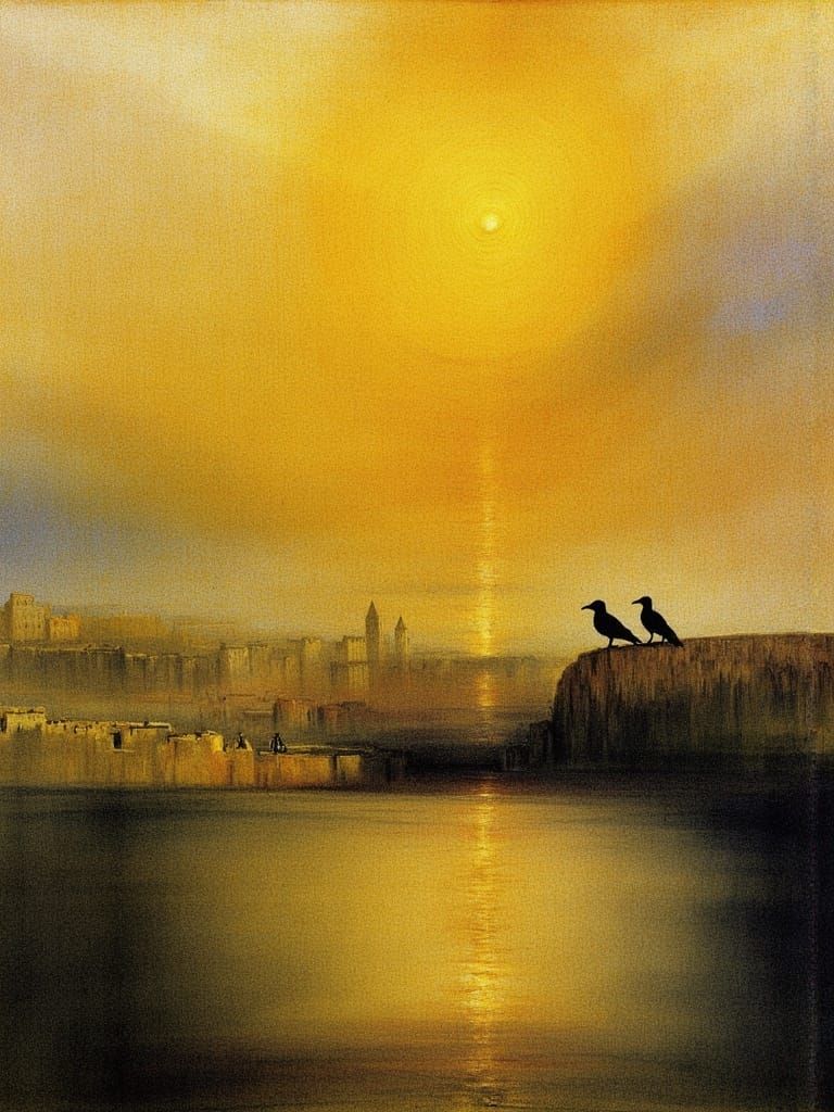 Symbolist Dreamscape: Crows in Gold and Darkness