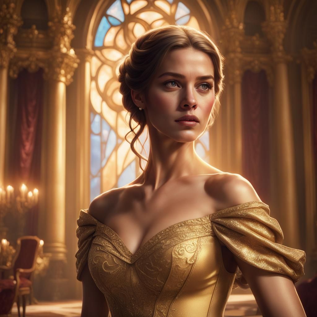 Belle in Golden Dress: Hyperdetailed Portrait
