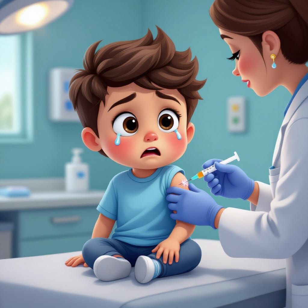 Sad Cartoon Kid Gets Shot from Doctor in Vibrant Style
