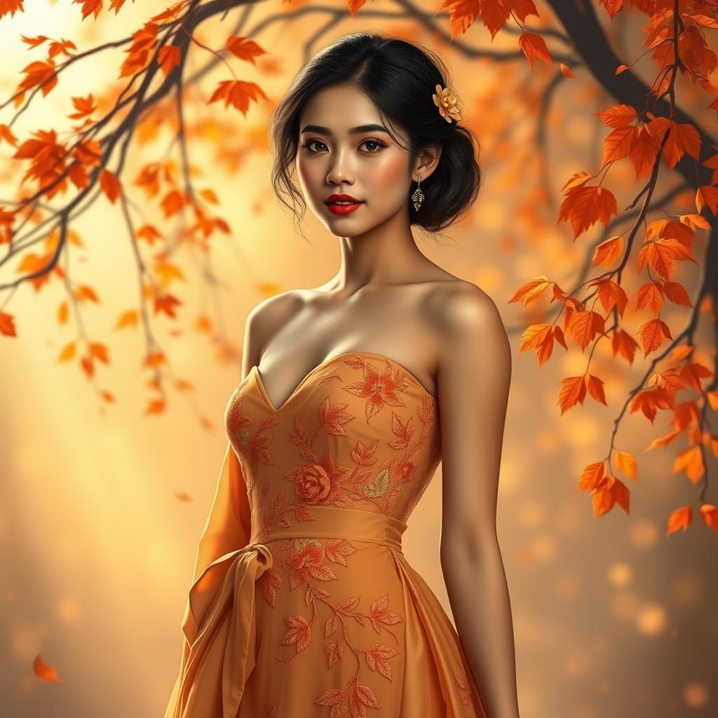 Elegant Filipina Woman in Autumn Gown with Floral Embroidery
