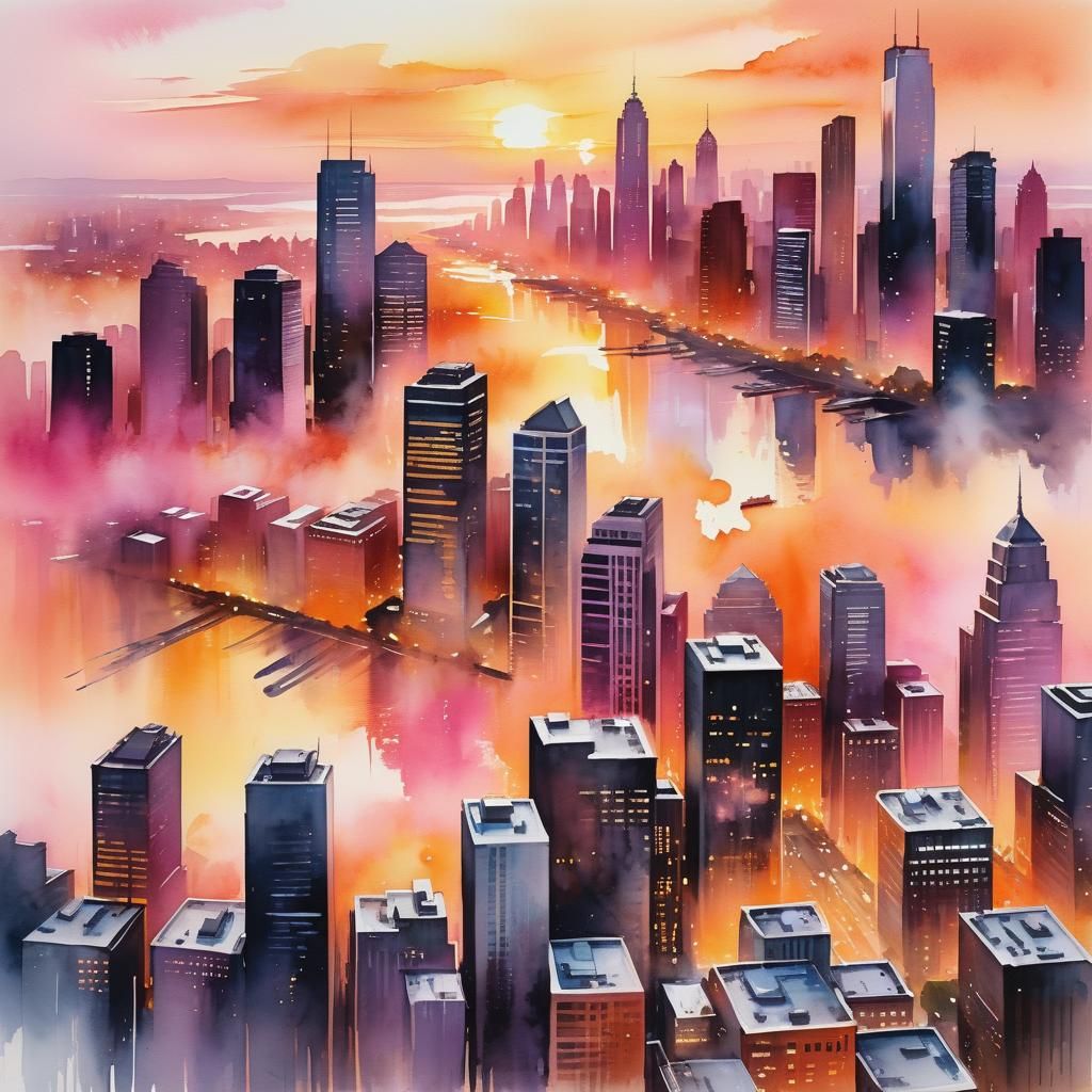 Vibrant Sunset Over Cityscape in Watercolor Style
