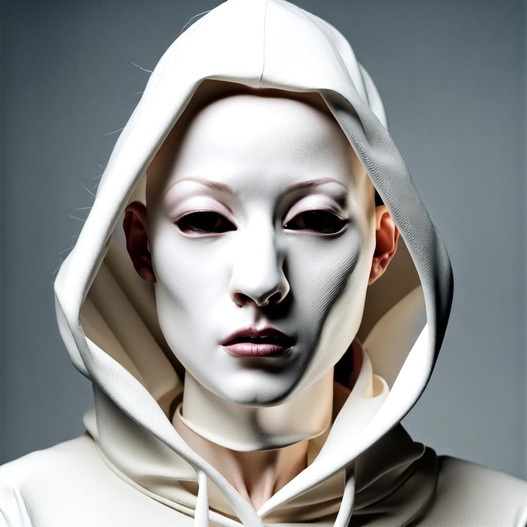 Young Bald Figure in Hood and Porcelain Mask