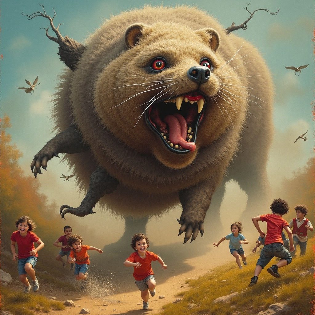 Grotesque Capybara-Wolf Hybrid Chasing Children