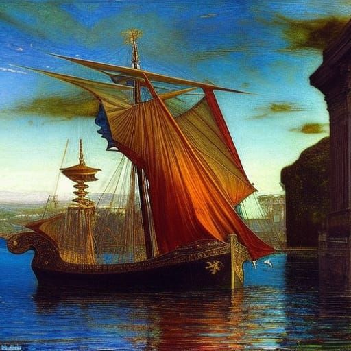 Celestial Galleon in Pre-Raphaelite Fantasy Style