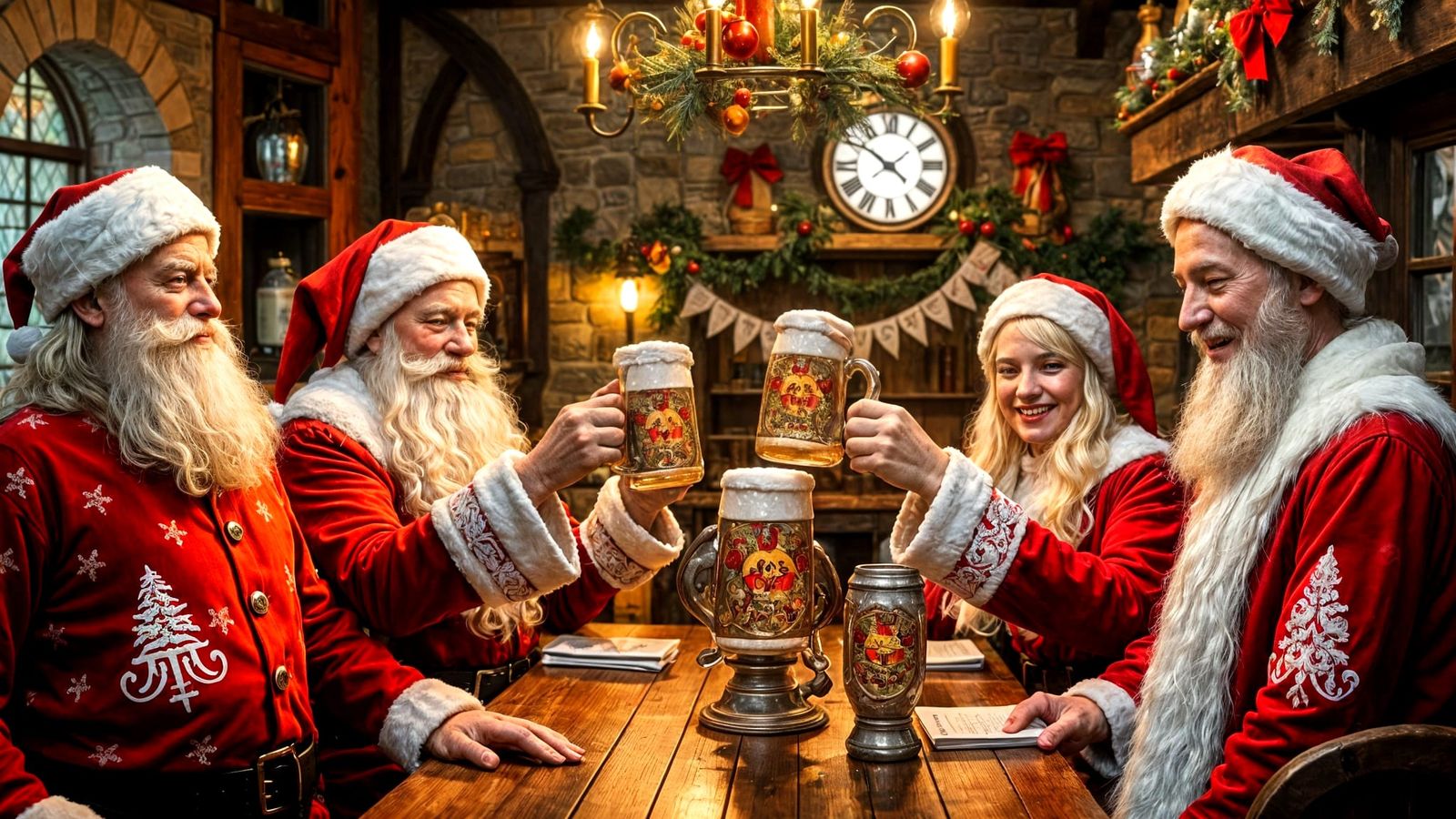 Merrymaking Santa Clauses Raise Beer Mugs in Medieval Inn