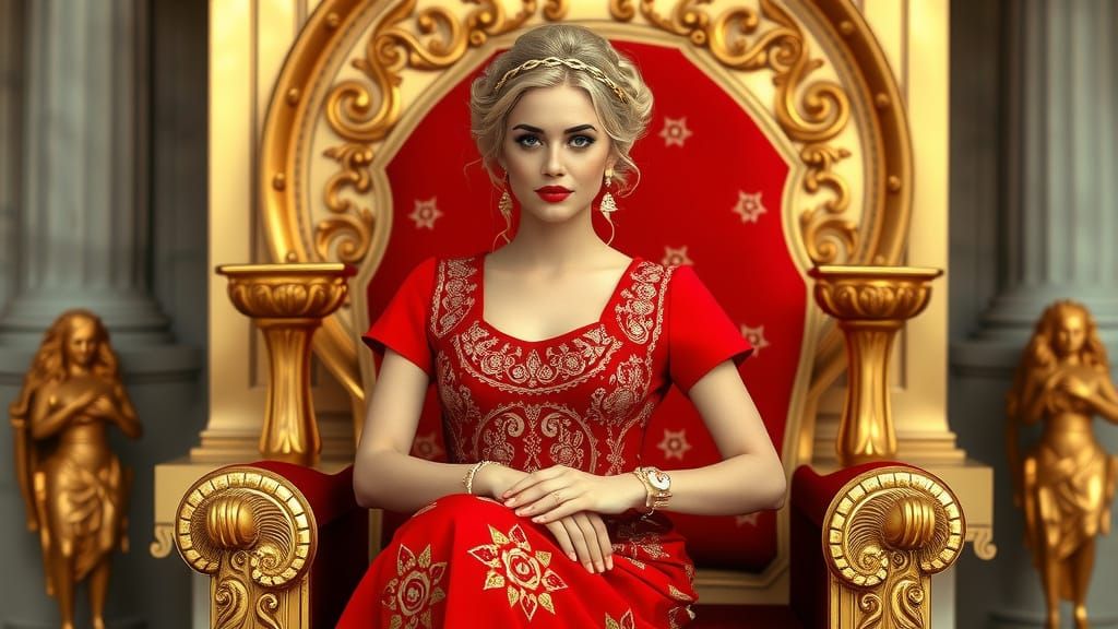 Goddess Athena in 60s Fashion on Golden Throne