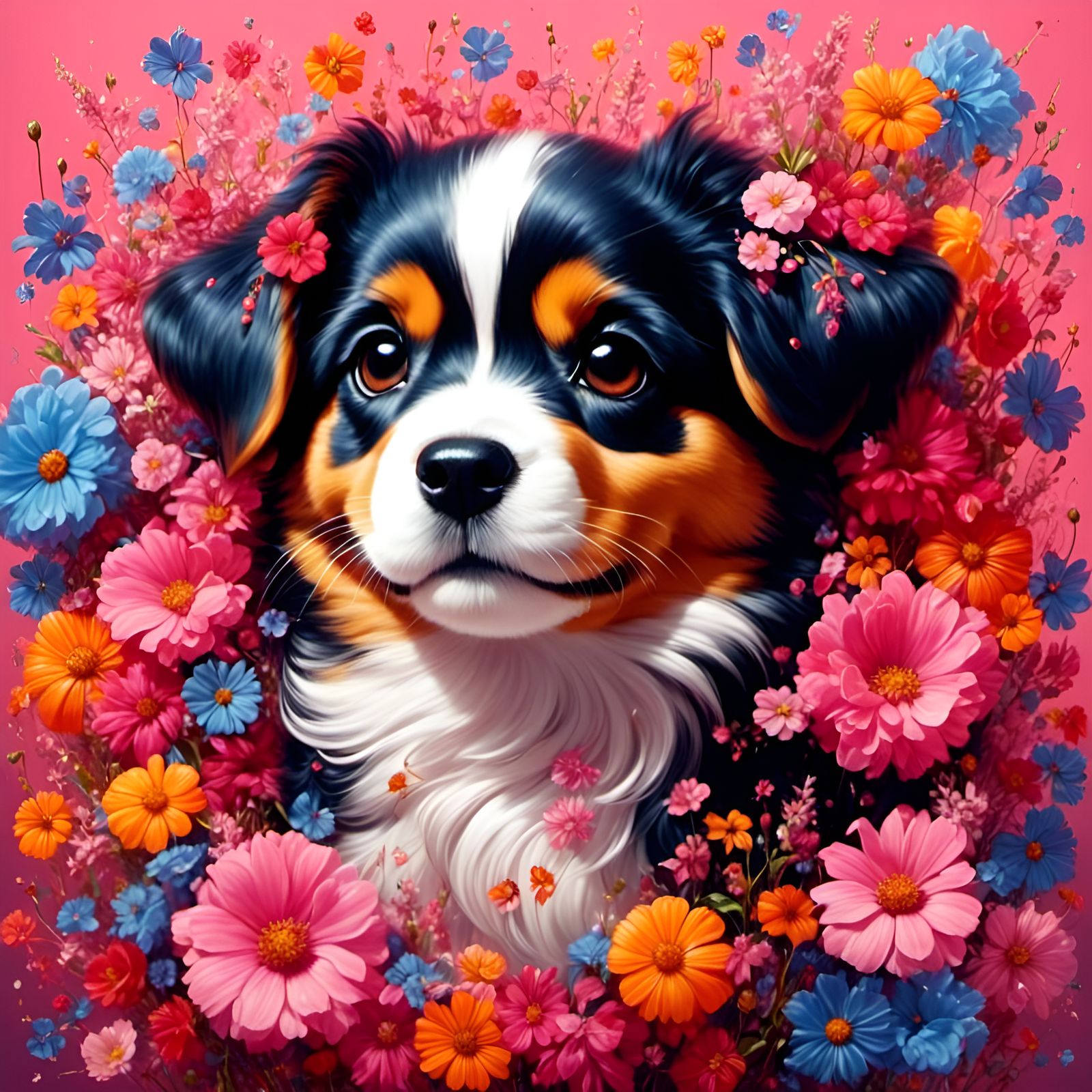 Adorable Puppy Portrait with Flowers in Animated Style