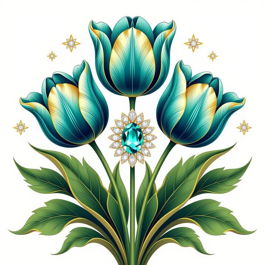 Teal and Gold Tulips with Diamonds, Art Nouveau Style