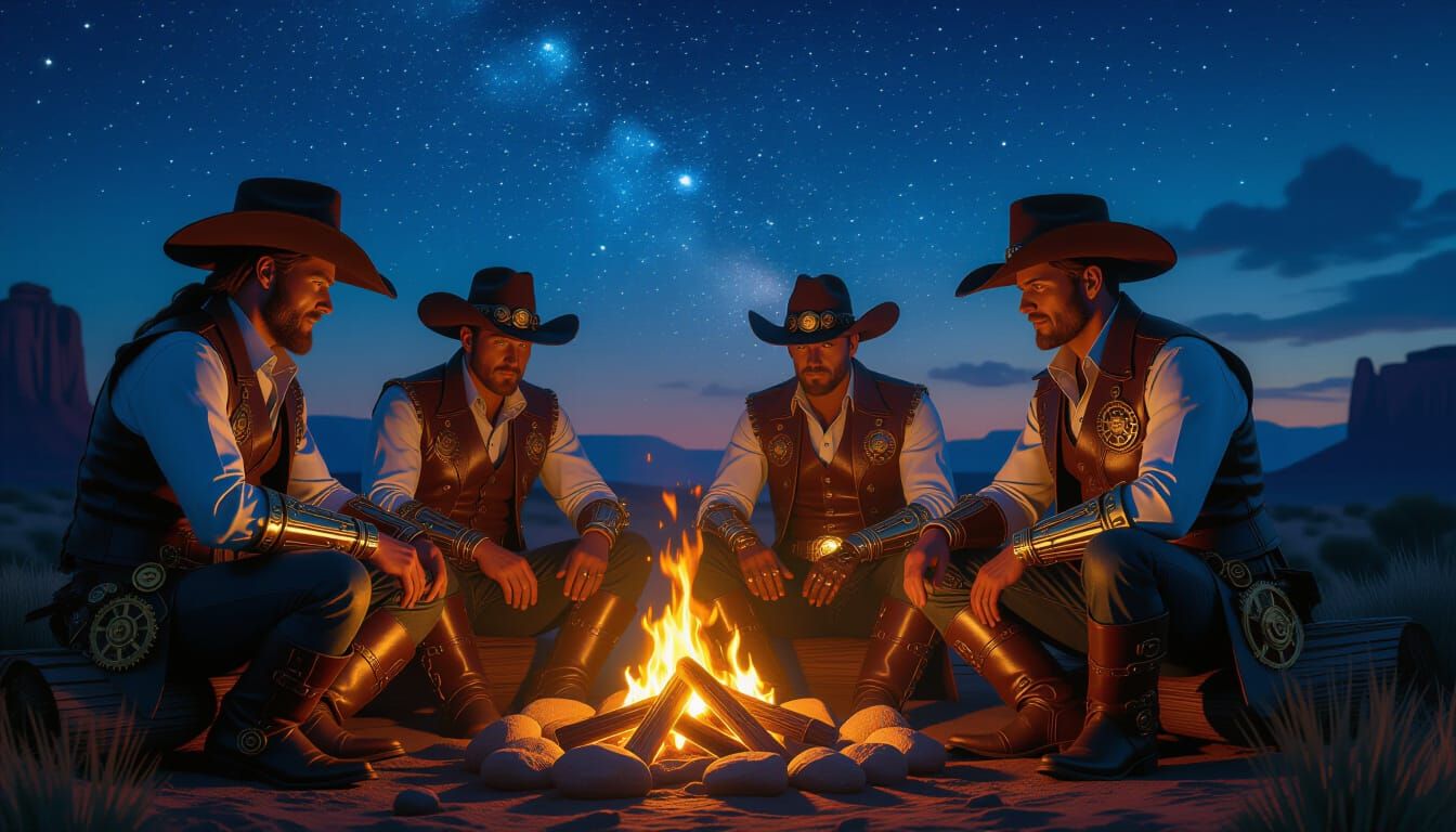 Steampunk Cowboys by Campfire in Fantasy Matte Painting Styl...