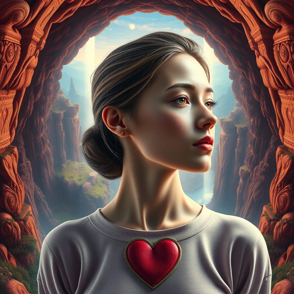 Woman with Heart Emblem in Panoramic Landscape