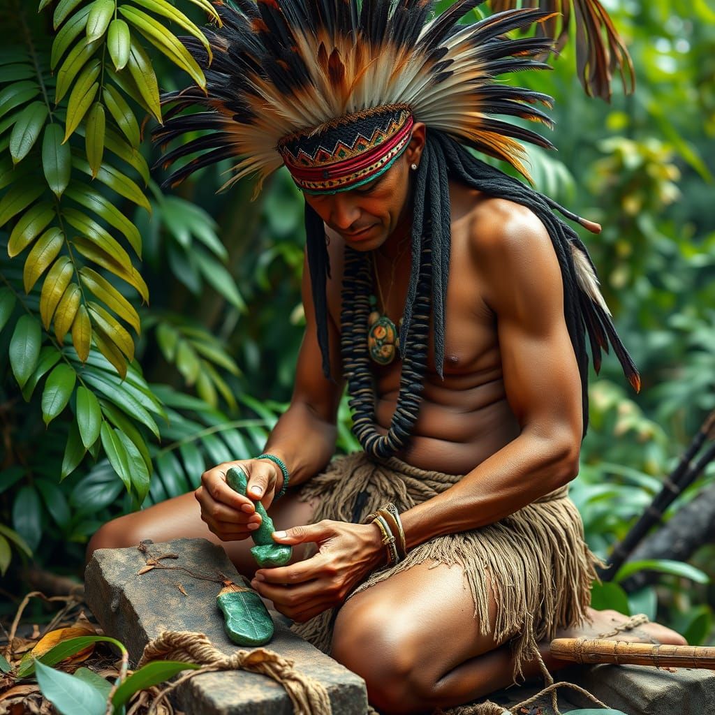 Indigenous Man Crafts Jade Artifact in Jungle Setting