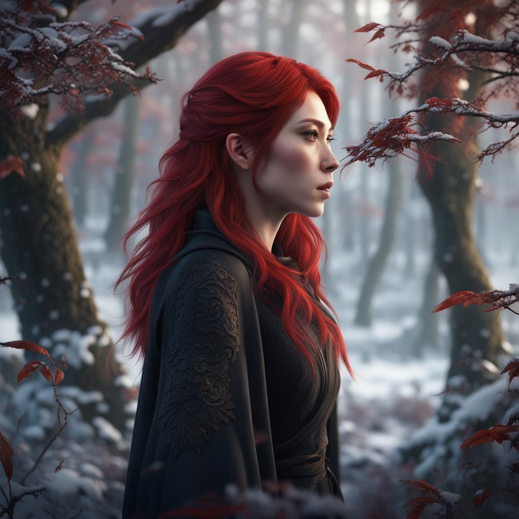 Asian Woman in Winter Undergrowth: Fantasy Art