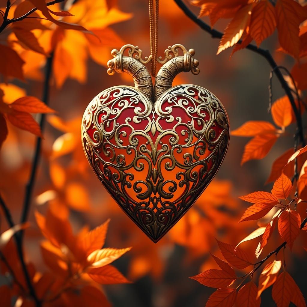 Ornate Gold Heart with Autumnal Art Nouveau Aesthetic