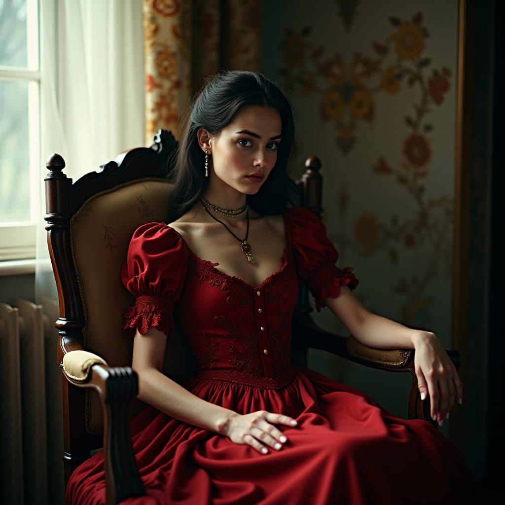 Victorian Woman in Red Dress, Cinematic Lighting
