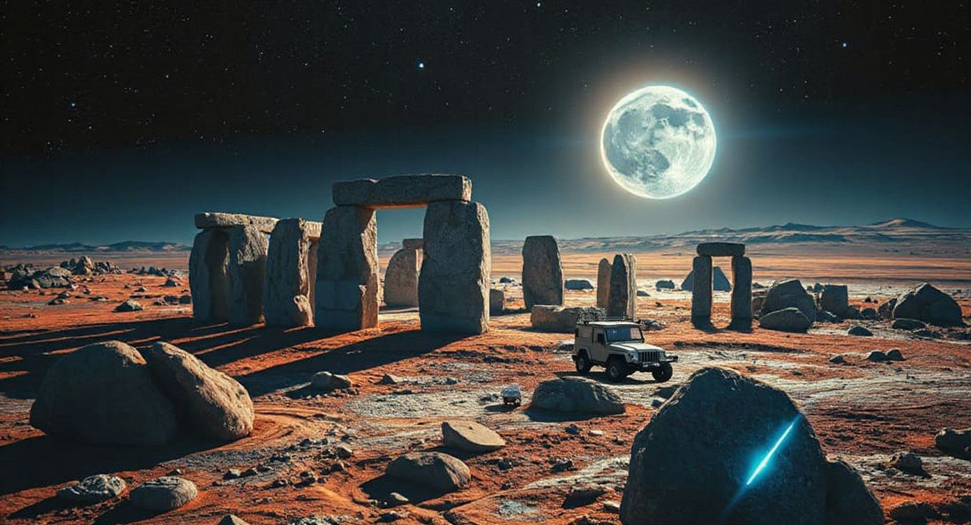 Moonhenge with Alien Glyphs and Neon Lights