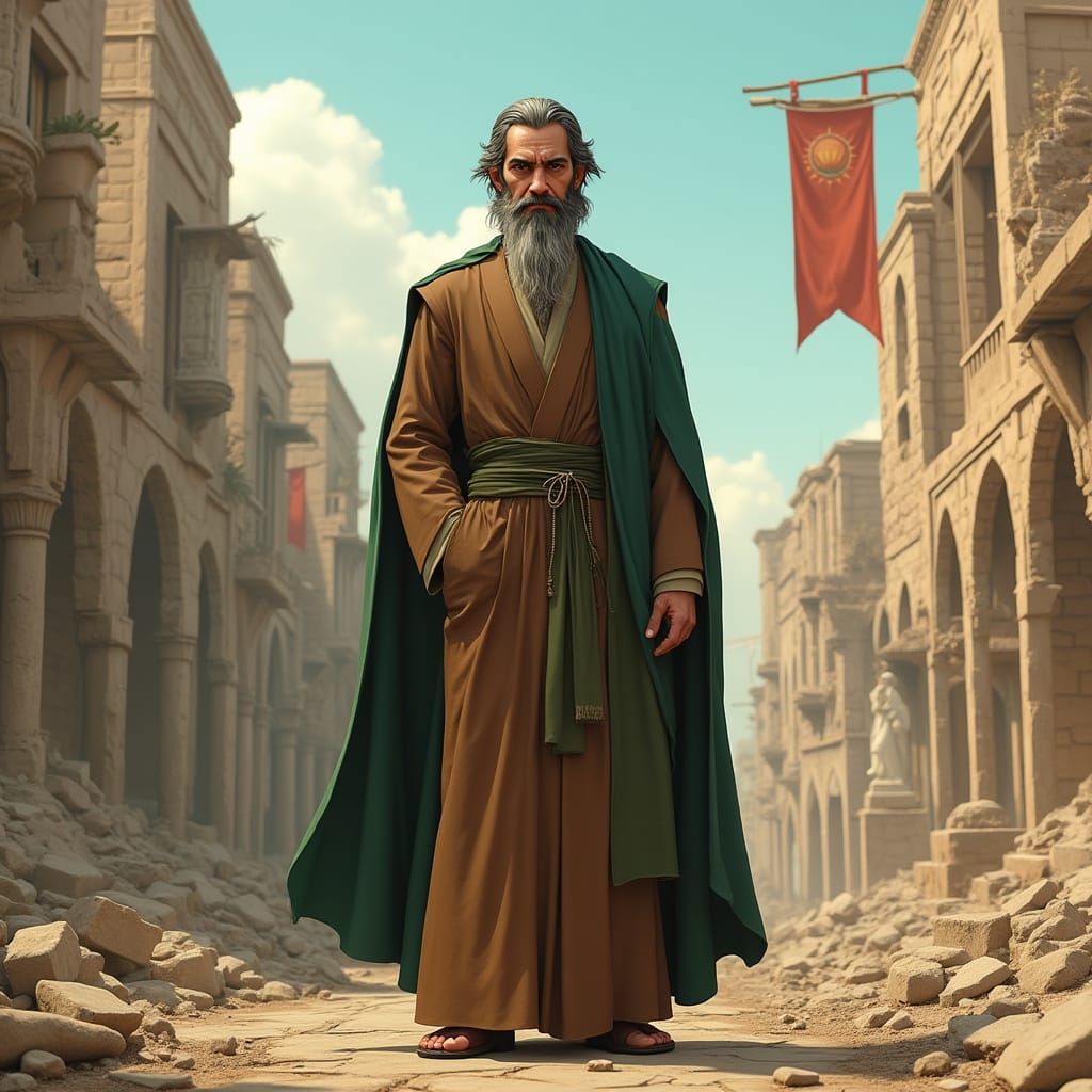 Scholar in a Ruined Cityscape, 3D Pixar Animation Style