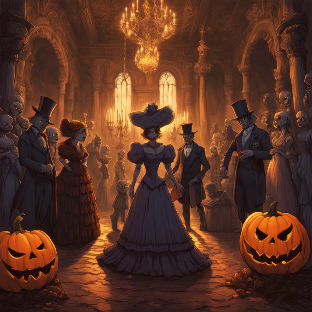 Cartoon Gothic Halloween Ball with Dancing Animals and Ghost...