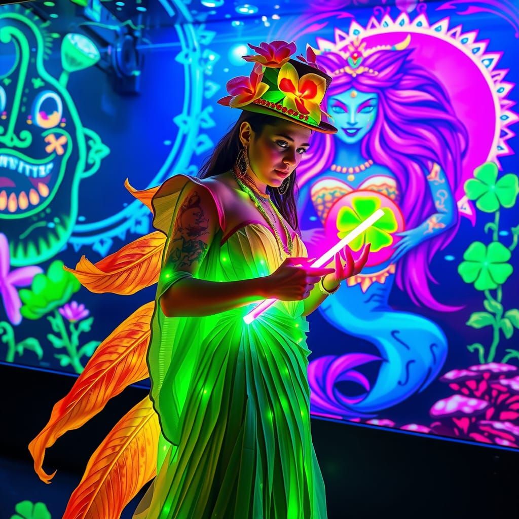 Neon Raver Goddess in Sci-Fi Aquarium