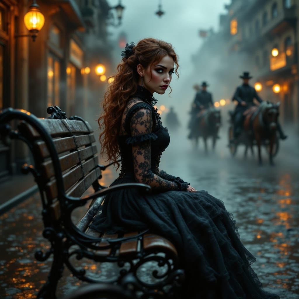 Steampunk Beauty in Victorian Cityscape