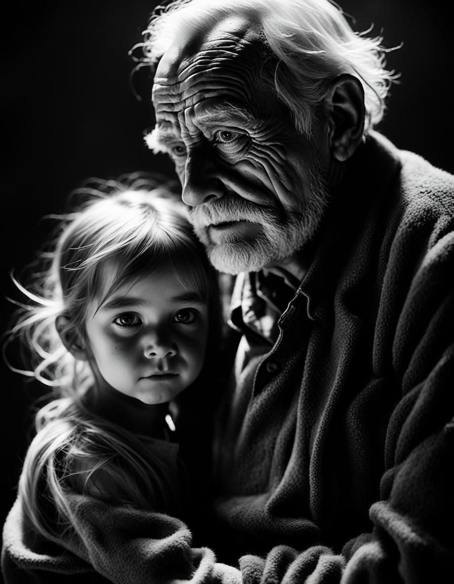 Old Man Bears Weight of Small Girl in Moody Black and White....