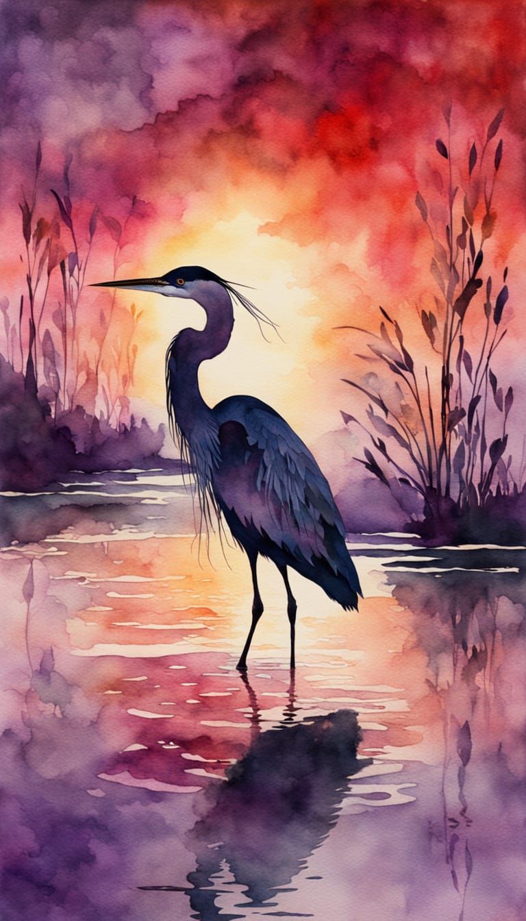 Heron in Dreamy Sunset Pond