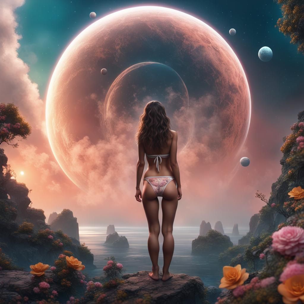 Girl Gazing at Viewer with Moons and Ringed Planet