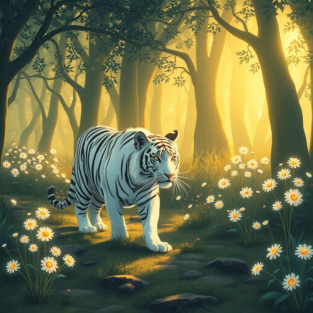 Whimsical Tiger in Enchanted Sunlit Glade with Glowing Flowe...
