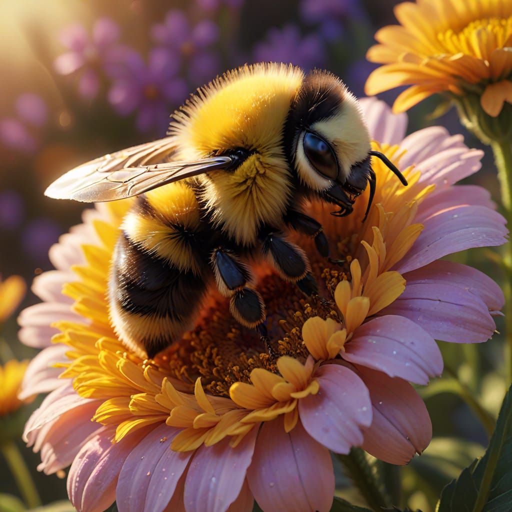 A high detailed high definition, top view, close-up of a Pixar-Disney cartoonish style fuzzy bumblebee in sleeping on a ...