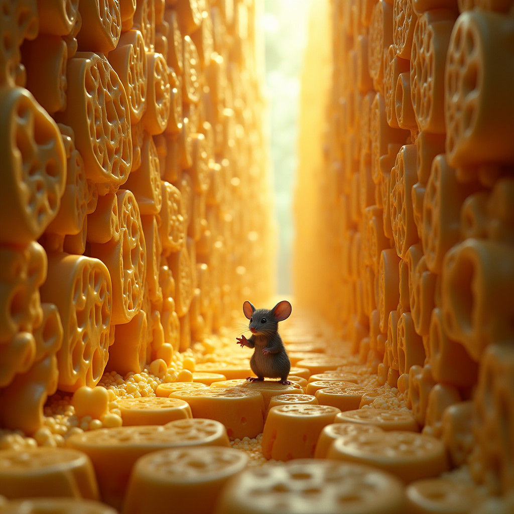 Mouse Navigating a Cheese Maze in Fantasy Style