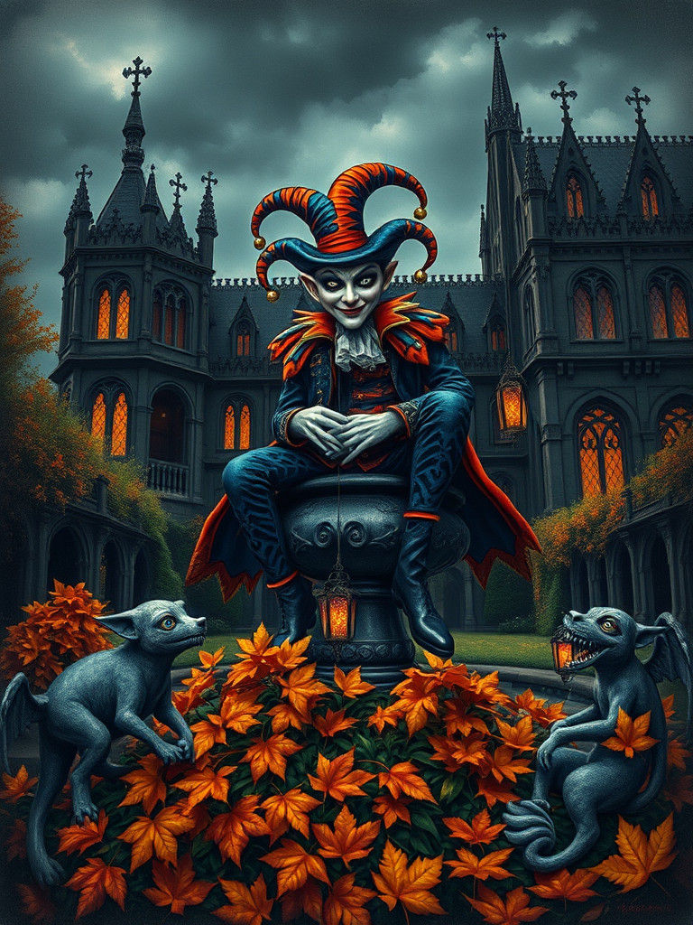 Whimsical Gothic Jester in Overgrown Garden