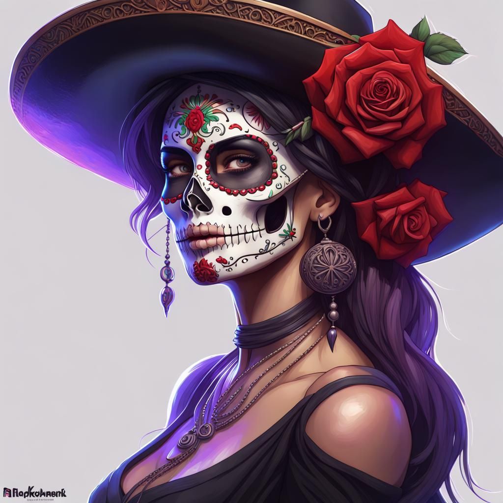 Mexican Skull Woman with Roses, Hyperdetailed Portrait