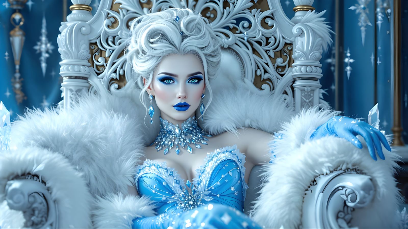 Elegant Ice Queen on Winter Throne