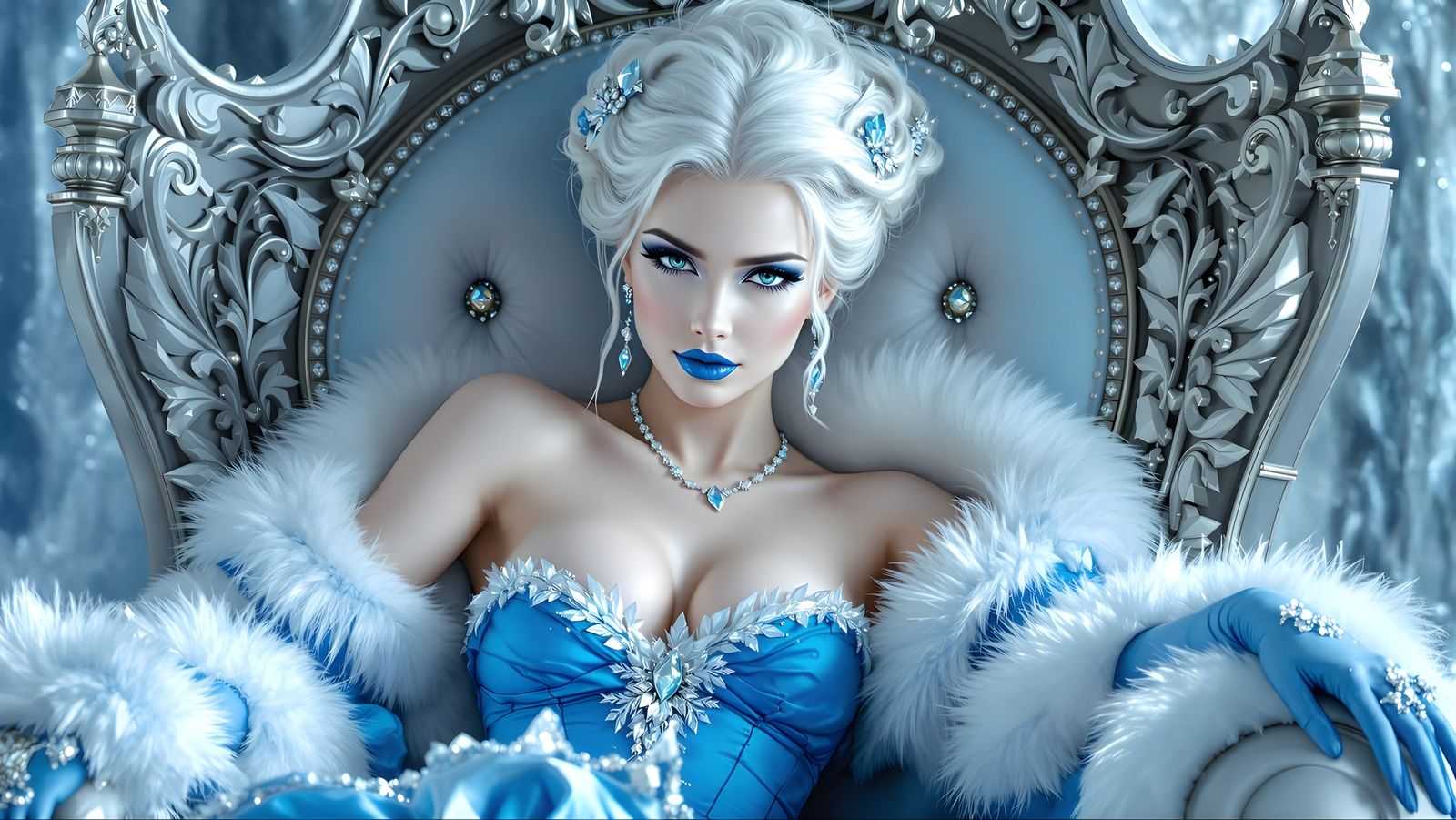 Ice Queen on Winter Throne in Ornate Palace