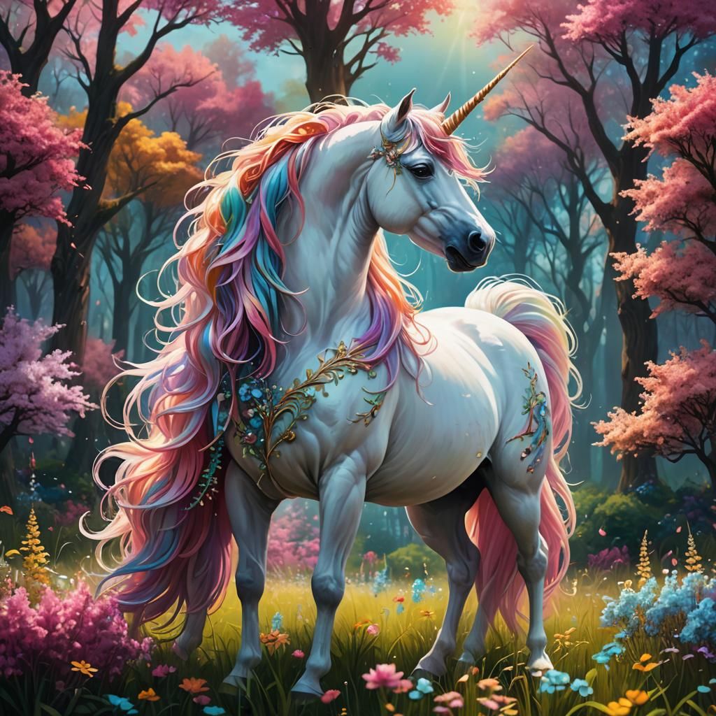 Majestic Unicorn in Enchanting Fantasy Meadow