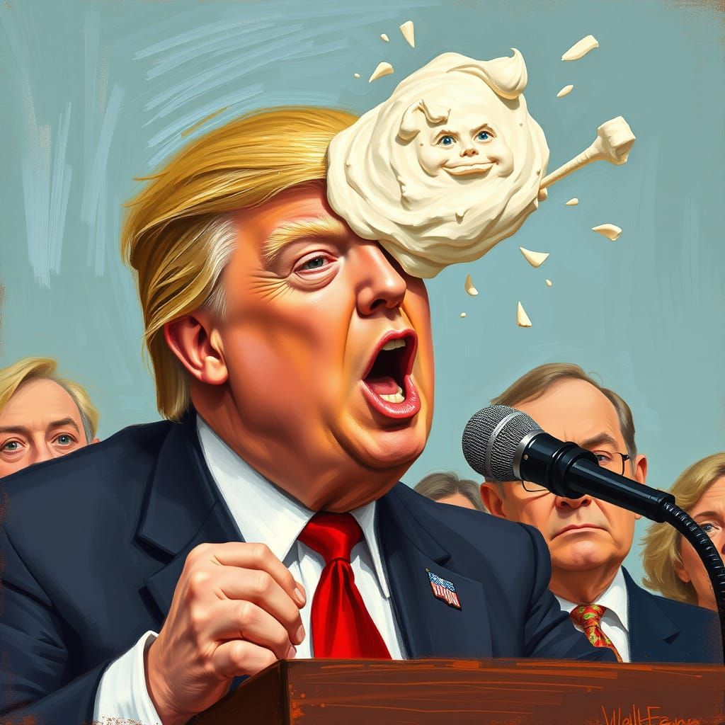 Trump Speech Interrupted by Cream Pie in Impressionistic Sty...