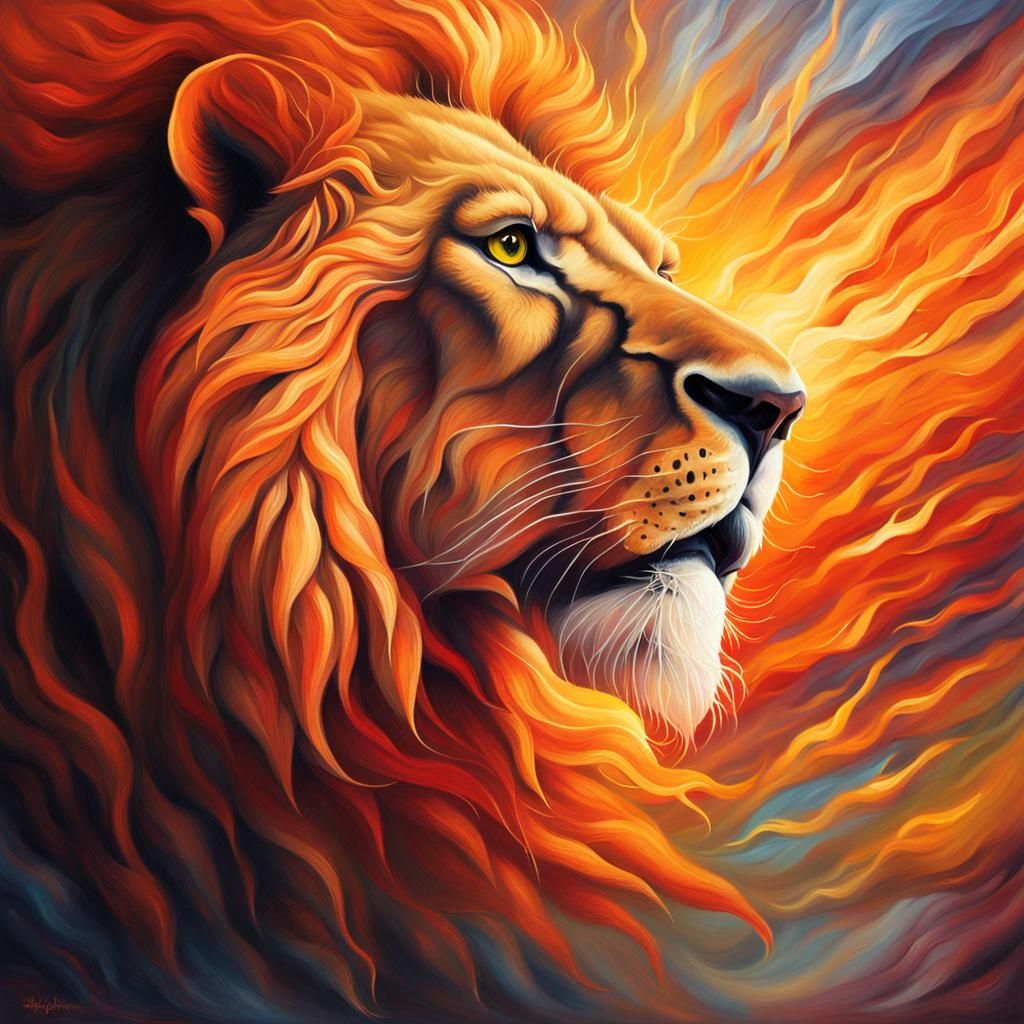 Fiery Lion Guardian in a Mystical Realm