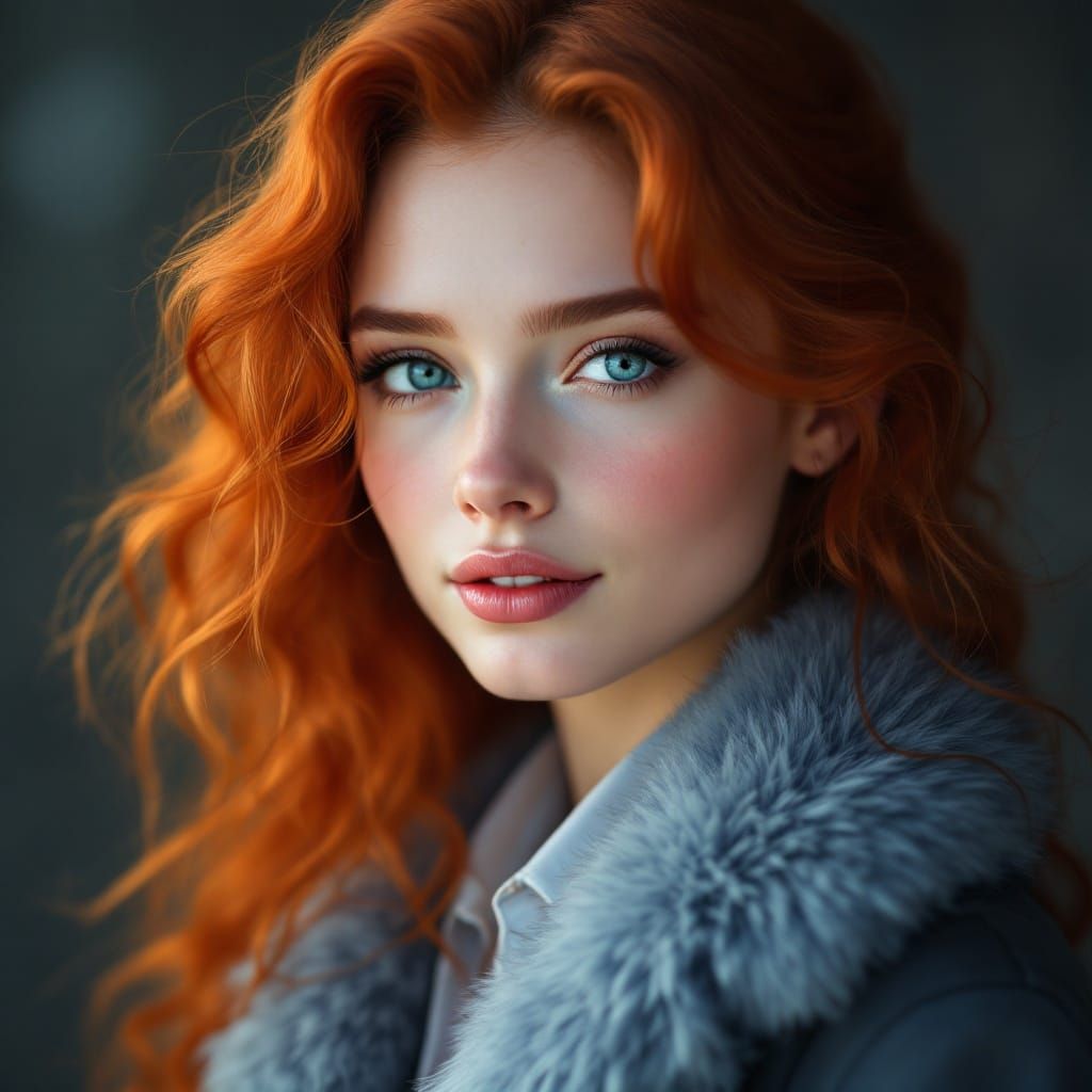 Stunning Redhead Woman in Elegant Fur-Collared Coat