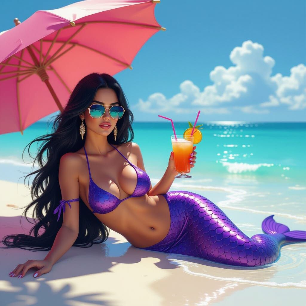 Siren Basking on Sandbar with Tropical Drink
