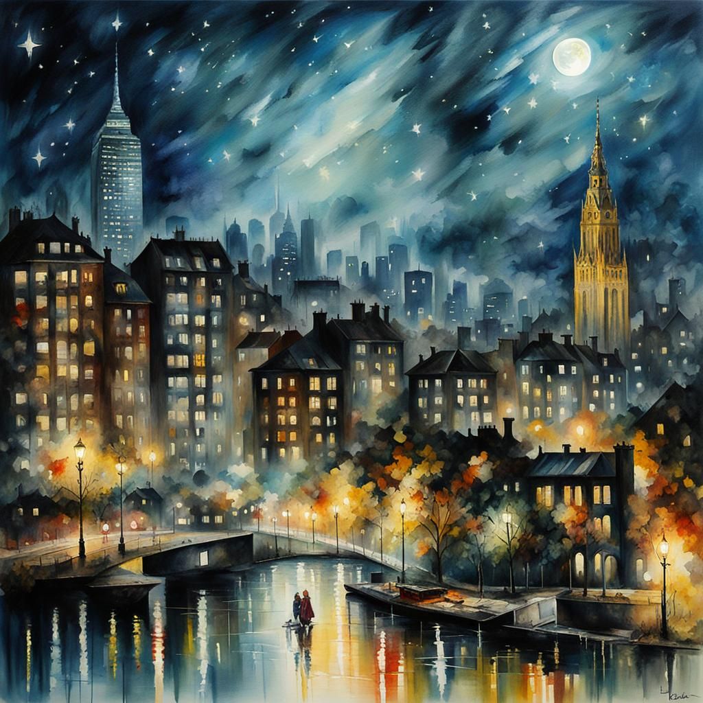 Melancholic Cityscape Under Starry Night, Aquarelle Painting