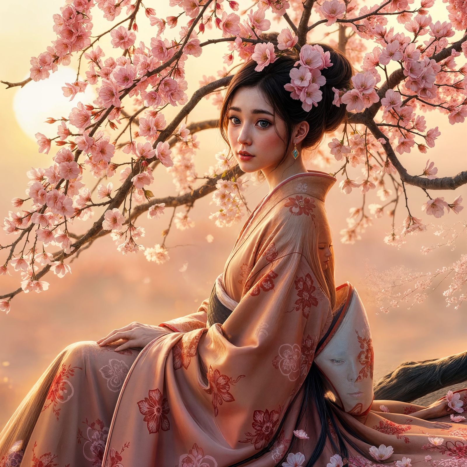 Hanfu Lady by Cherry Tree: Anime Watercolor Sunset