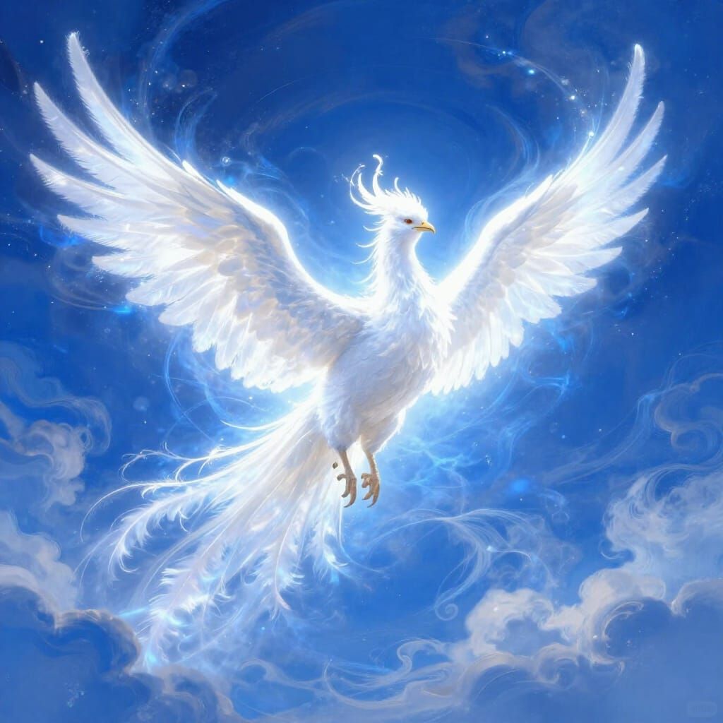 White Phoenix Ascends in Luminous Blue Clouds