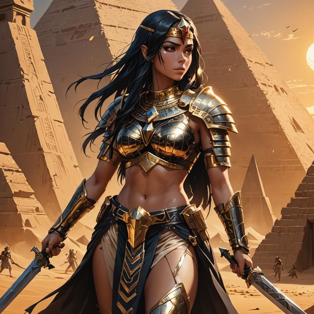 Egyptian Warrior in Anime Style Under Pyramids